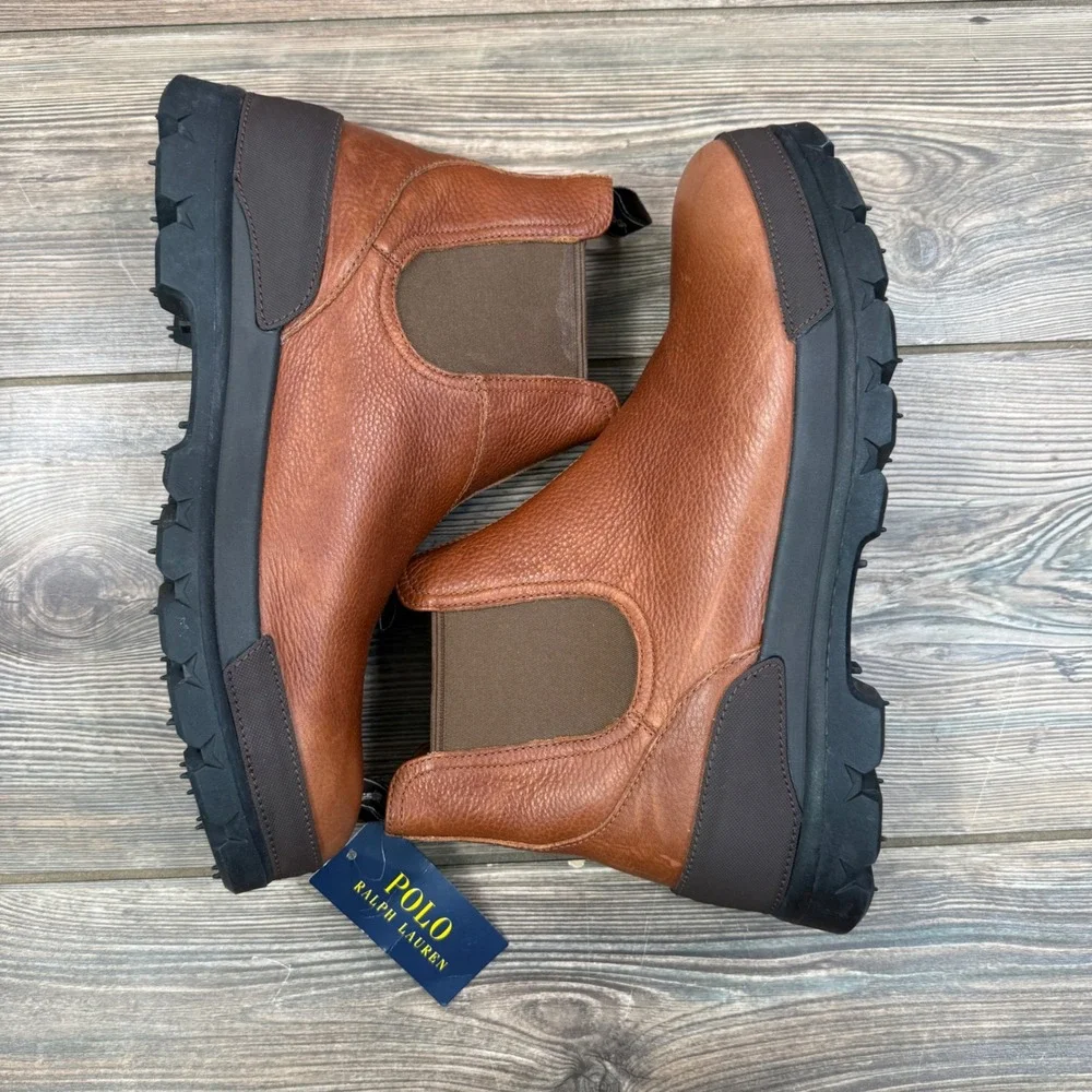 Polo Ralph Lauren Mens Size 13 Oslo Chelsea Boots Brown Leather Lug Sole New - Picture 4 of 8